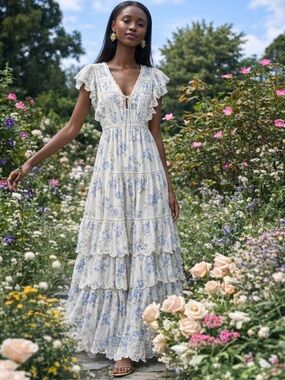 LOVESHACKFANCY Coquette Maxi Dress Cottagecore floral feminine‎ cotton XS 0/2